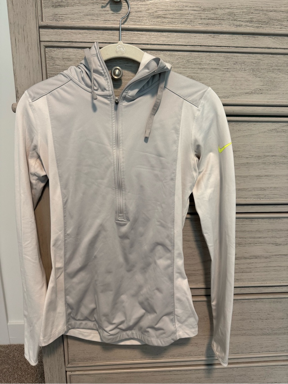 Nike Women's Light Gray Hooded Waterproof Half-Zip Training Top with Neon Swoosh